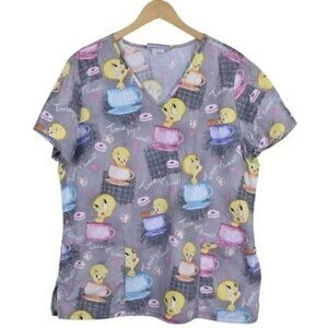 Looney Tunes Tweedy Bird Scrub Top Time For  Tea Teacup Gray Large